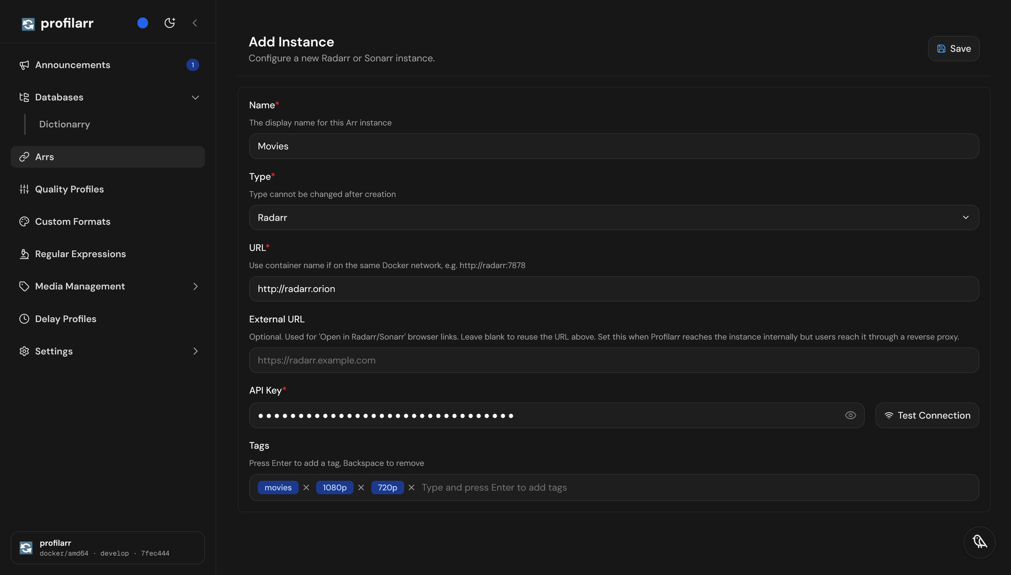 Profilarr's Add Instance form for a Radarr instance named Movies, with its URL, a hidden API key, a Test Connection button, and tags